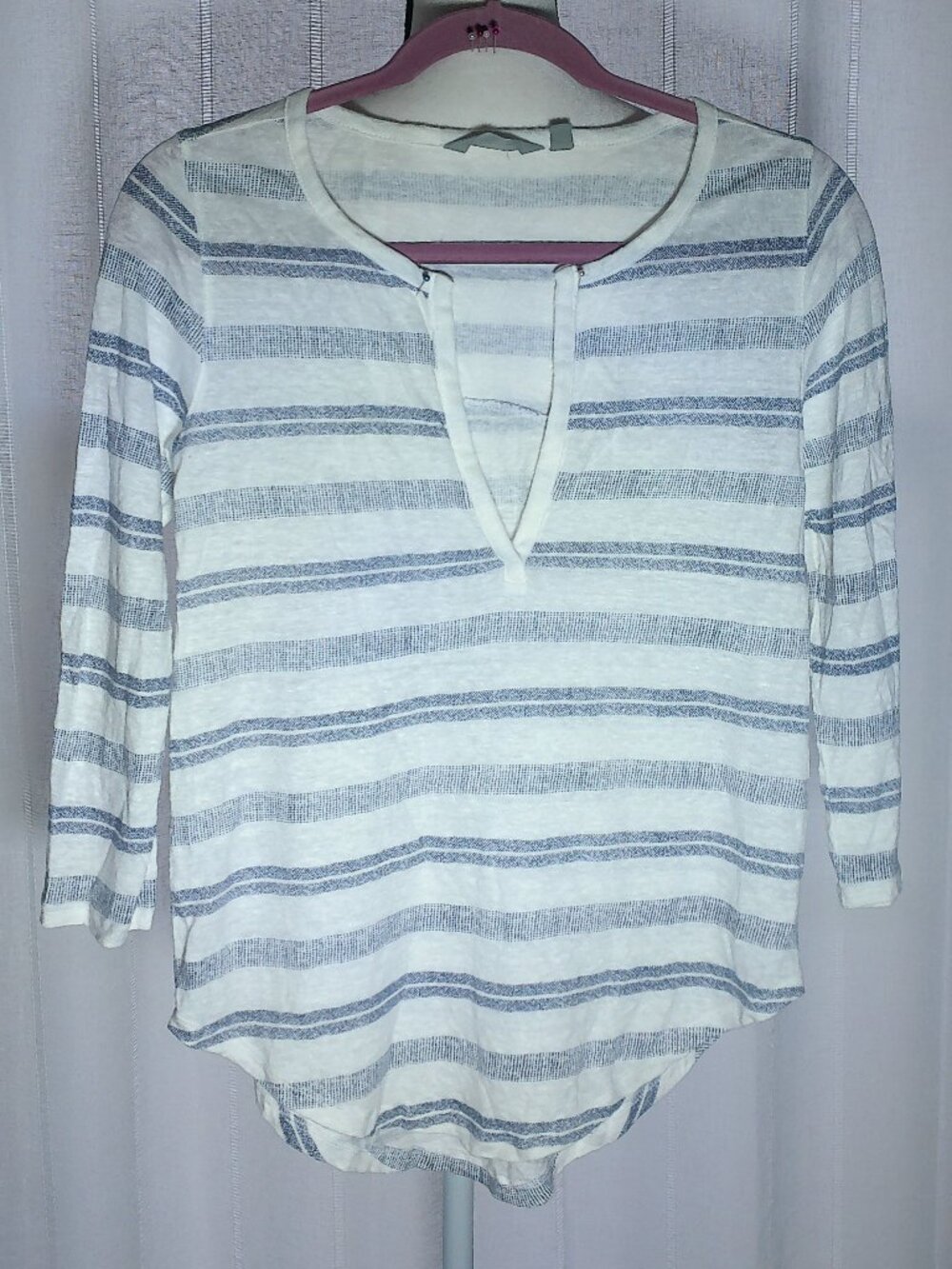 ATHLETA Blouse 100% Linen White w/Navy Blue Stripes XS